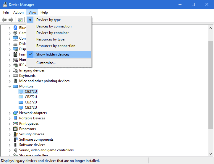 Screenshot of Windows Device Manager with "View, Show hidden devices" menu item highlighted