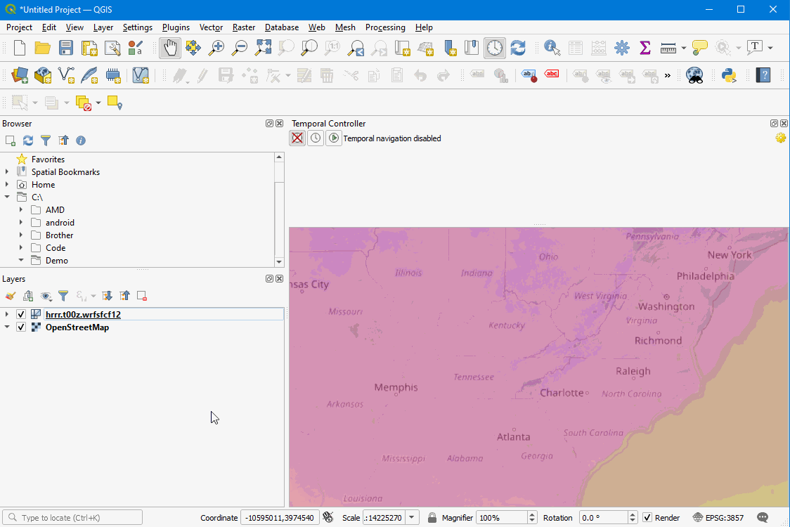 Animated screen capture of accessing a single data point from the Temperature band in QGIS